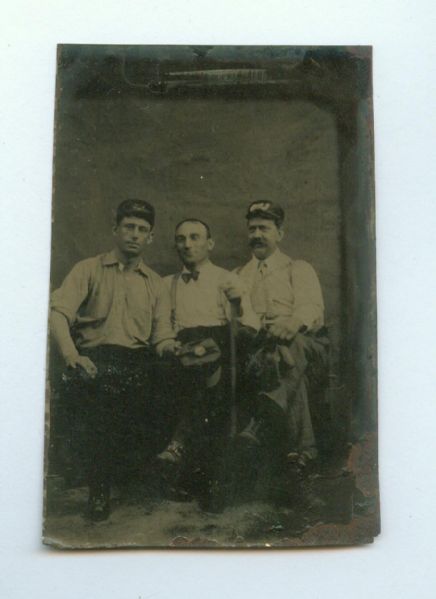 1870s-1880s Baseball Tintype - 3 Men w/ bat, glove, ball, bow tie etc...