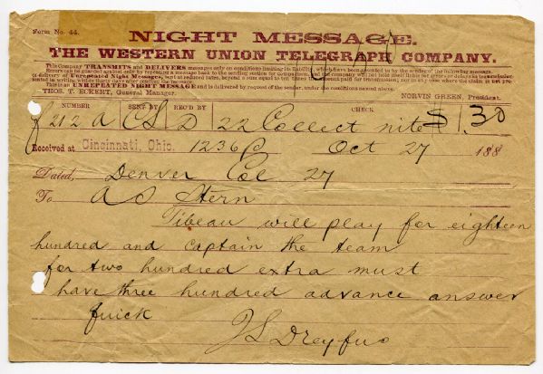 1880s Telegraph to Aaron Stern Cincinnati Reds President About George Tebeau