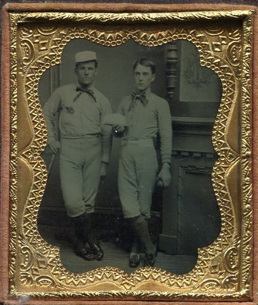 Circa 1870s Sixth Plate Baseball Tintype Two Players With Bat And Ball
