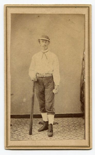 Circa 1860s CDV of Baseball Player in Full Uniform With Bat & Ball