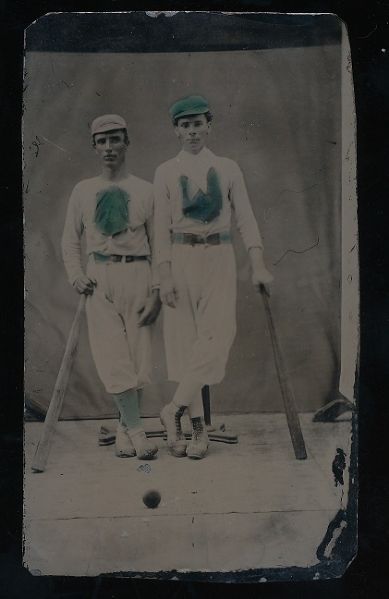 1870s Hand Colored Tintype of Two Baseball Players in Ornate Uniforms, Bats...