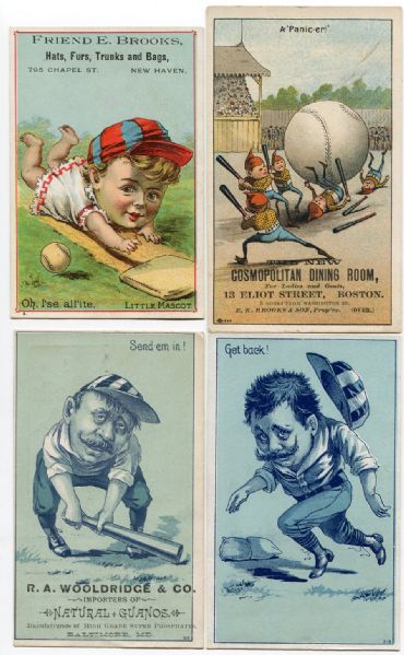 1880s Lot of 4 Different Baseball Themed Trade Cards
