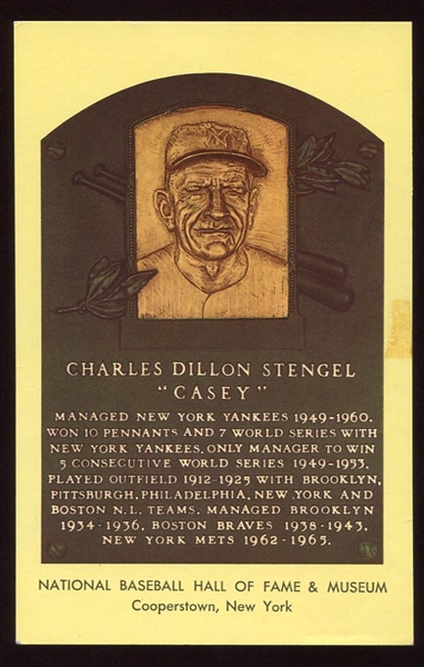 1964-Date Yellow HOF Plaque Casey Stengel Autographed