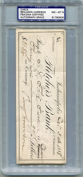 Benjamin Harrison Signed Check PSA/DNA NM-MT 8