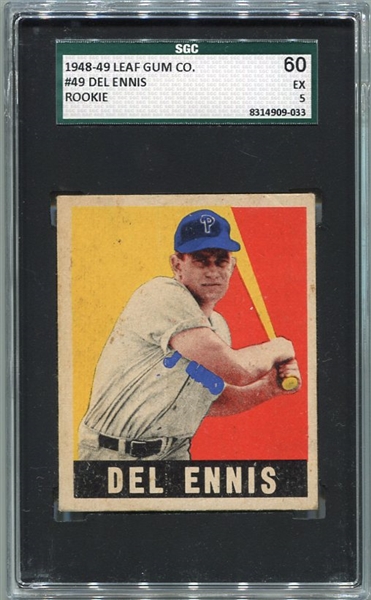 1948-49 Leaf #49 Del Ennis Philadelphia Phillies Rookie Card SGC 60