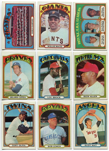 1972 Topps Baseball Lot of 178 cards-130 Different Most Exmt/Nrmt W/HOFers, Hi#s