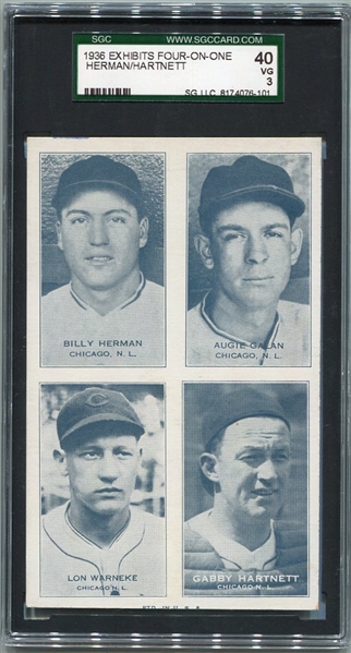 1936 Four-on-One Exhibits Herman, Galan, Warneke & Hartnett Chicago Cubs SGC 40