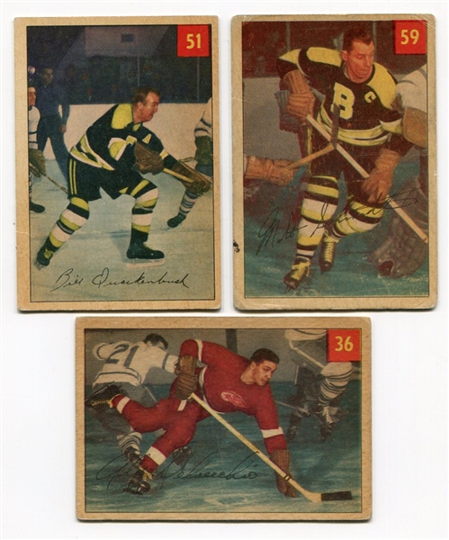 1954-55 Parkhurst Hockey Lot of 3 HOFers Delvecchio, Quackenbush & Schmidt(Lucky Premium Back)