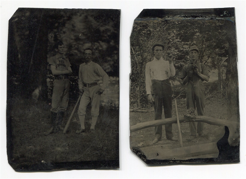Pair of 19th Century Tintypes Baseball Players w/Equipment