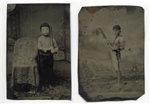 Pair of 19th Century Tintypes of Children In Baseball Uniforms with Bats
