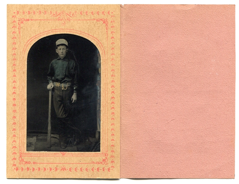 1/6th Plate Color Tinted Tintype of Baseball Player in Full Uniform with Bat
