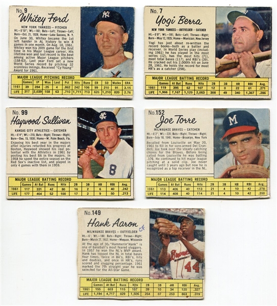 1962 Jell-O Baseball Lot of 5 Different Aaron, Berra, Ford, Torre & Sullivan