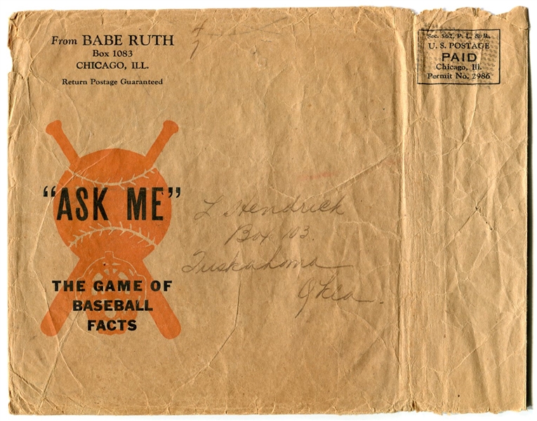 F279-1 1934 Quaker Oats "Ask Me" Baseball Game complete with Instructions and Mailing Envelope