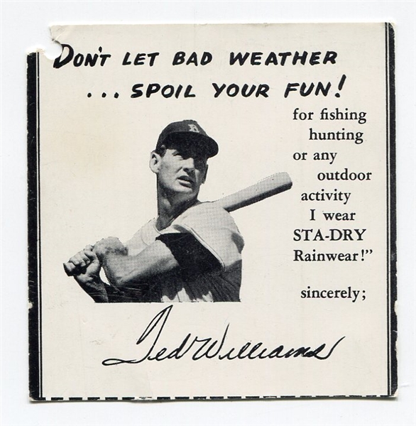 1950s Ted Williams STA-DRY Rainwear Hang Tag