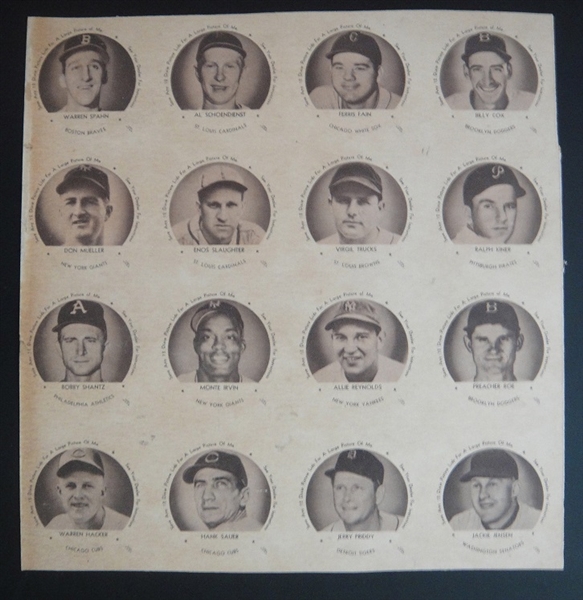 1953 Dixie Lids Partial Sheet of 16 w/Many HOFers