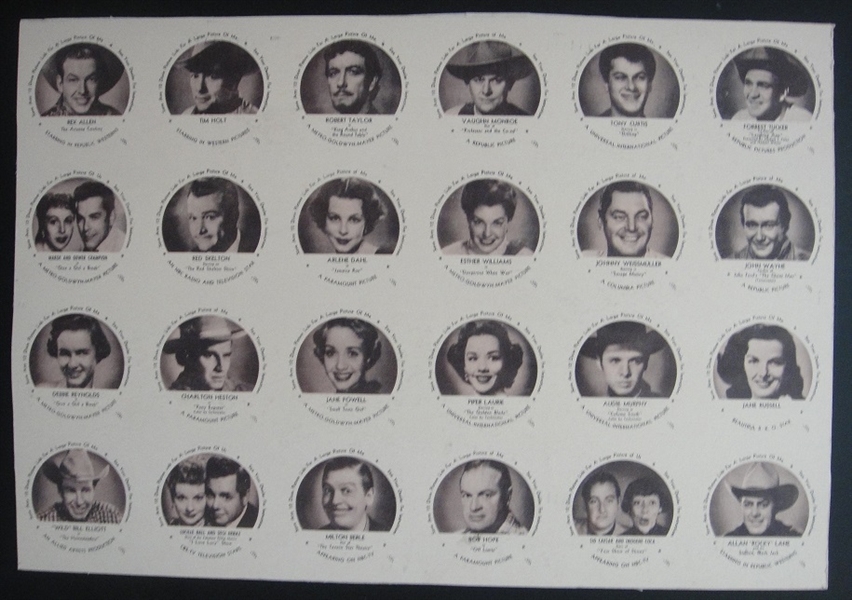 1953 Dixie Lids Movie Stars Uncut Sheet of 24