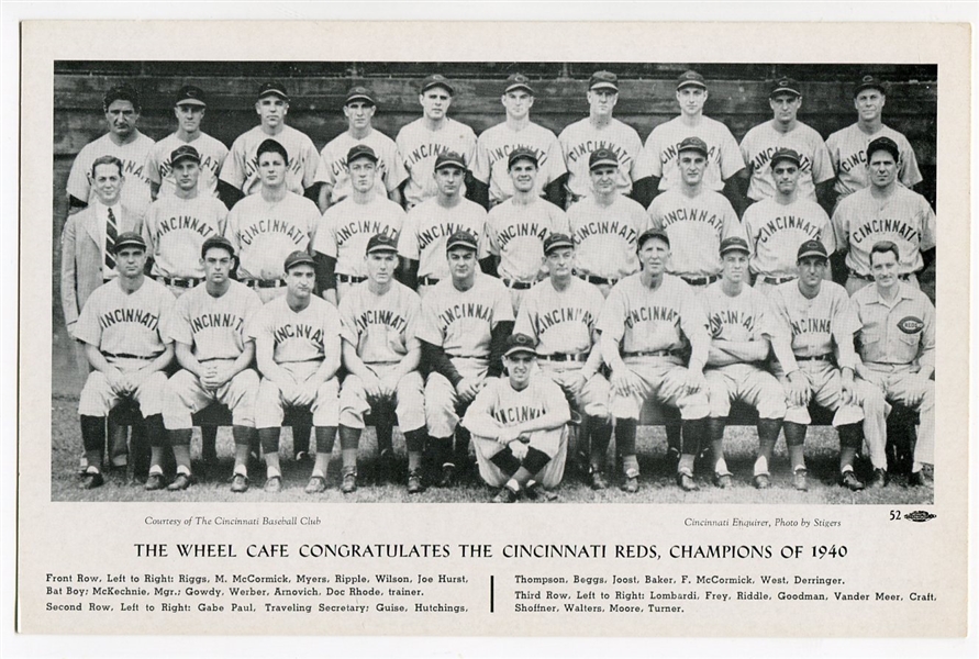 1940 Cincinnati Reds Oversize Postcard from The Wheel Cafe
