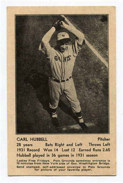 1932 New York Giants Schedule Postcard Carl Hubbell