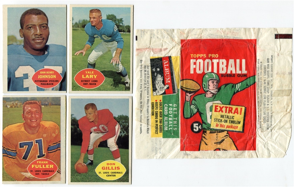 1960 Topps Football 5 Cent Wax Wrapper and 4 Cards