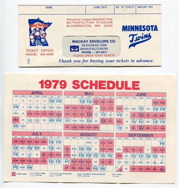 1979 Minnesota Twins Pocket Schedule and Ticket Envelope