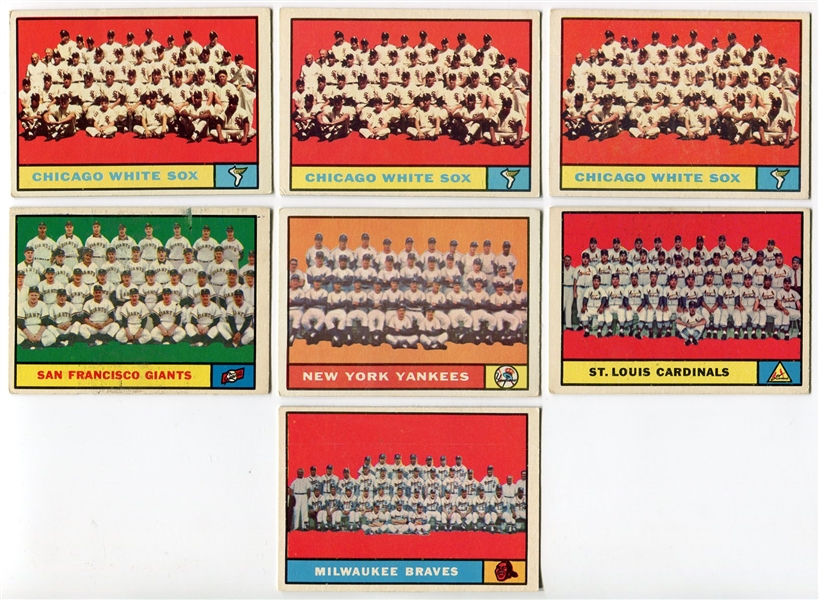 1961 Topps Baseball Lot of 7 Team Cards Including Yankees