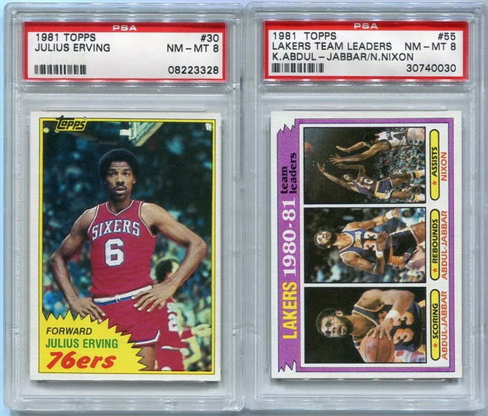 1981-82 Topps Basketball #30 Julius Erving PSA 8 & #55 Lakers Team Leaders PSA 8