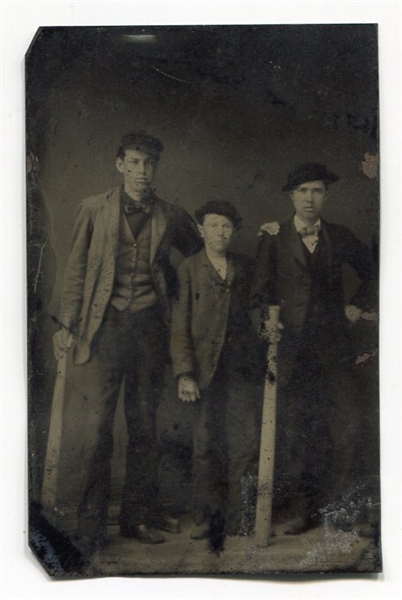 Circa 1870s Tintype of Three Young Men with 2 Very Large Bats