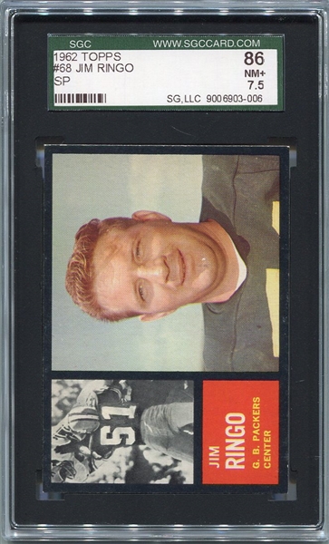1962 Topps Football #68 Jim Ringo Green Bay Packers SP SGC 86