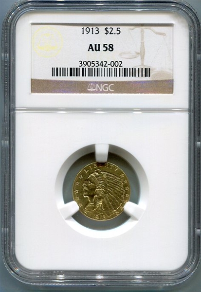 1913 Indian $2 1/2 U.S. Gold Piece NGC AU 58