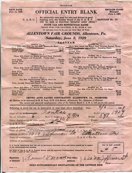 1929 Allentown Fair Grounds Stock Car and Motorcycle Races Entry Form