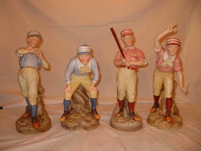Circa 1890s Heubach Baseball Figurines Complete Set of 4 Jumbo Size 16"