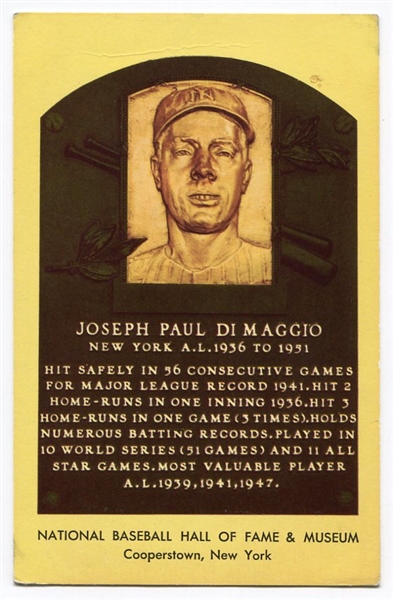 Yellow HOF Placque Postcard Joe DiMaggio Autographed