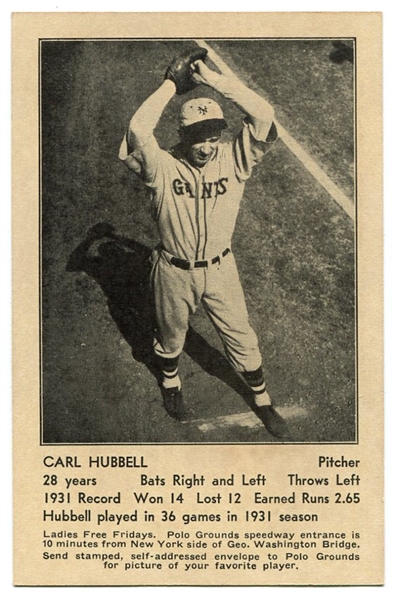 1932 New York Giants Schedule Postcard Carl Hubbell