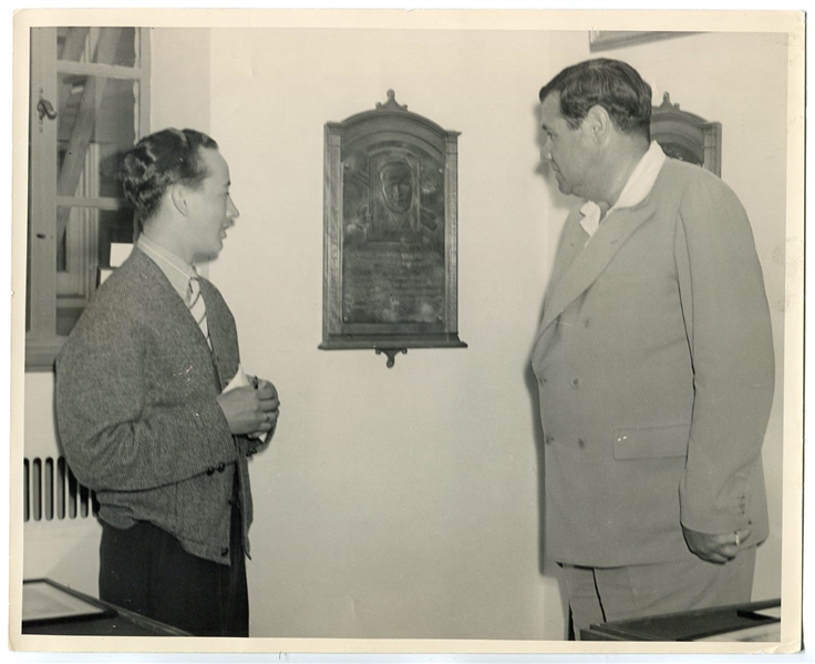 Babe Ruth Looking at HOF Plaque of Himself B & W Photo