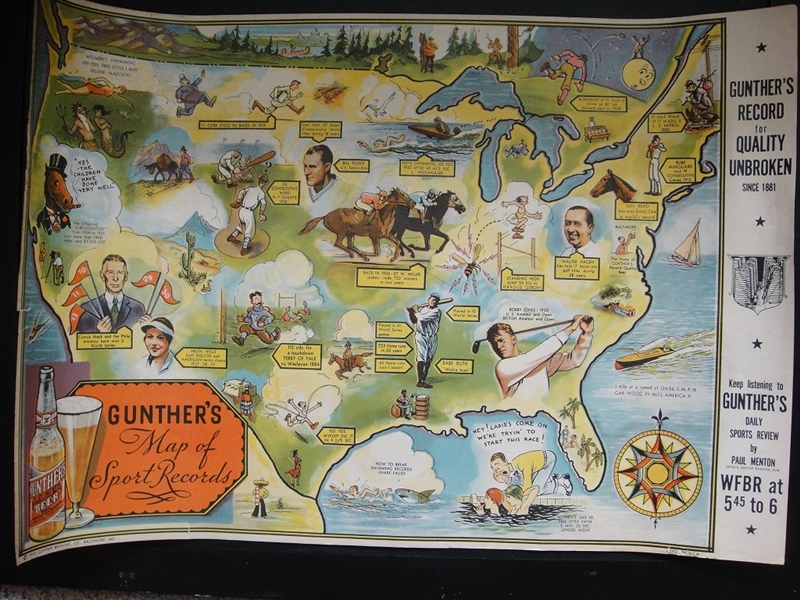 1935 Gunthers Beer Map of Sport Records