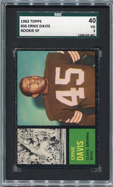 1962 Topps Football #36 Ernie Davis Rookie Card Short Print SGC 40