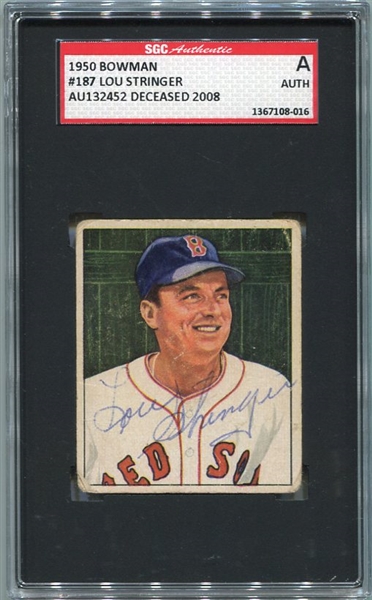 1950 Bowman #187 Lou Stringer Boston Red Sox Autographed SGC AUTH