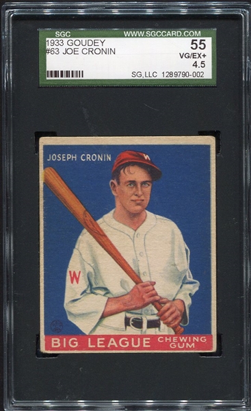 1933 Goudey #63 Joe Cronin Washington Senators SGC 55
