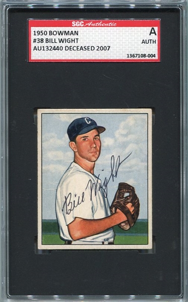 1950 Bowman #38 Bill Wight Chicago White Sox Autographed SGC AUTH