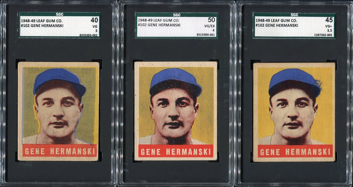 1948 Leaf #102 Gene Hermanski Lot of 3 Color Variations/Error Cards All SGC Graded