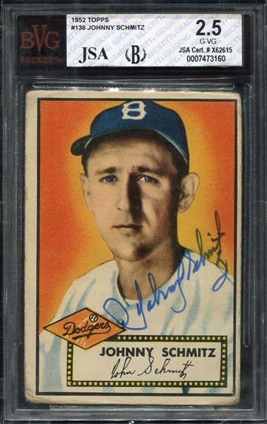 1952 Topps #136 Johnny Schmitz Brooklyn Dodgers Autographed Beckett/JSA 2.5/9
