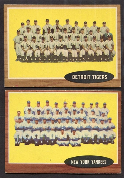 1962 Topps Team Cards #24 Detroit & #251 New York Yankees 