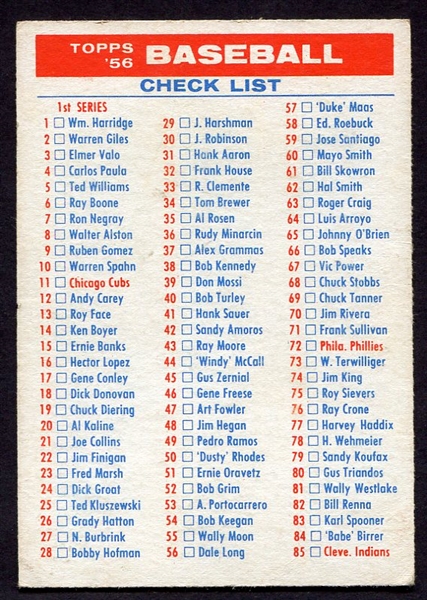 1956 Topps Checklist 1/3 VG+ Unmarked