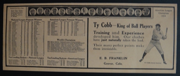 1914 World Series Merchant Scorecard Featuring Ty Cobb Athletics & Braves