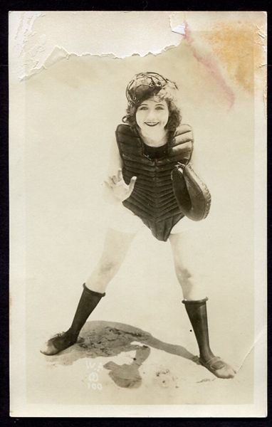 Early 1900s RPPC Risque Woman in Catchers Garb