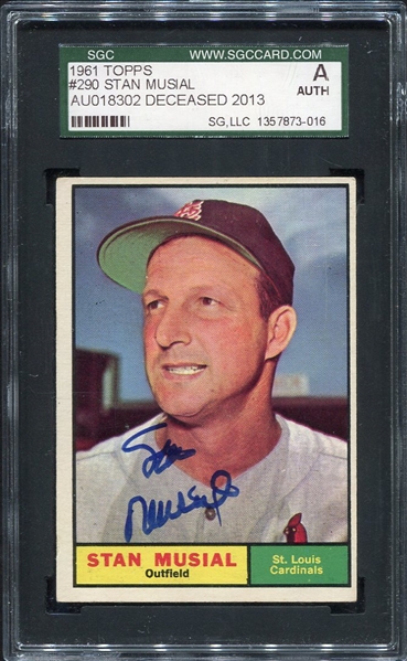 1961 Topps #290 Stan Musial Autographed SGC AUTH/Stan The Man Cert