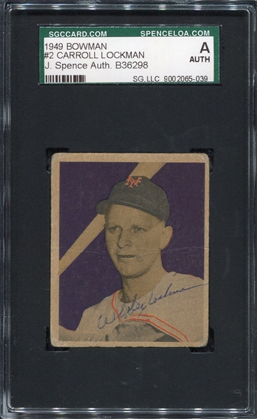 1949 Bowman #2 Whitey Lockman Signed Card SGC AUTH