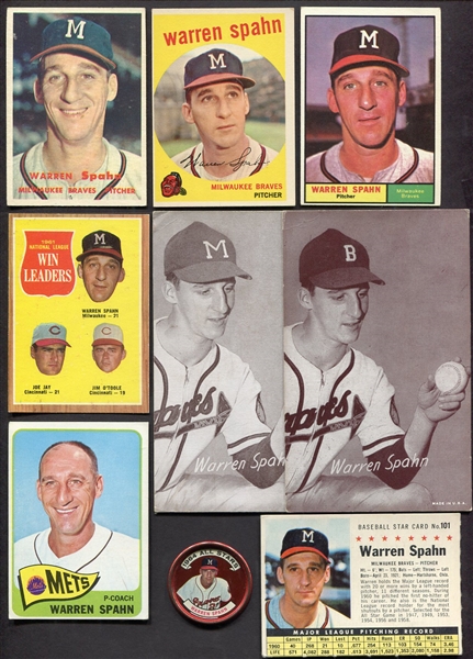1950s-60s Warren Spahn Card & Coin Collection of 9 Different