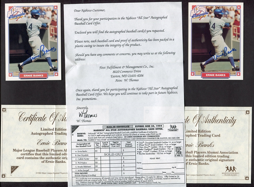 1993 Nabisco Ernie Banks Pair of Signed Cards w/Certs & Mailer