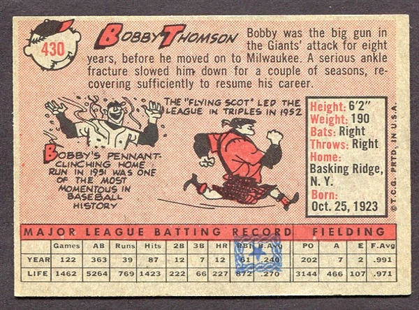 1958 Topps #430 Bobby Thomson With Topps Vending Stamp on Back